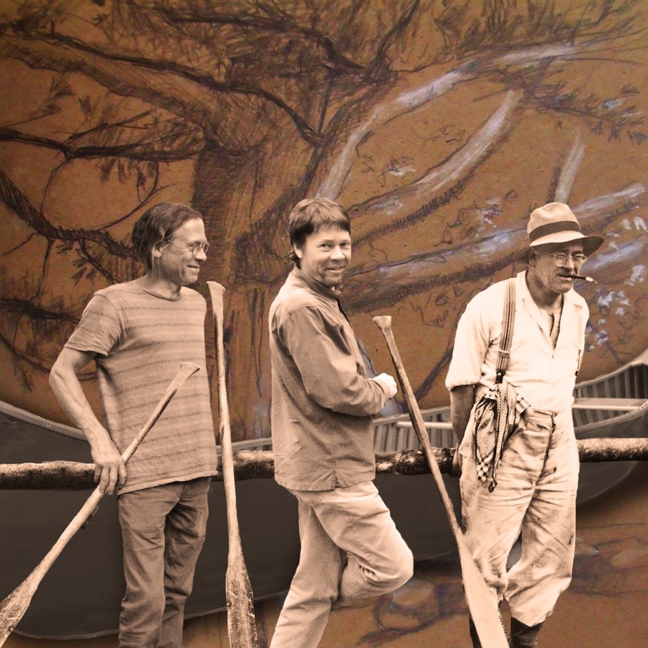 Génération series - The magic of digital editing, bring grandfather and his 2 grandchildren together, ready for a canoe tour